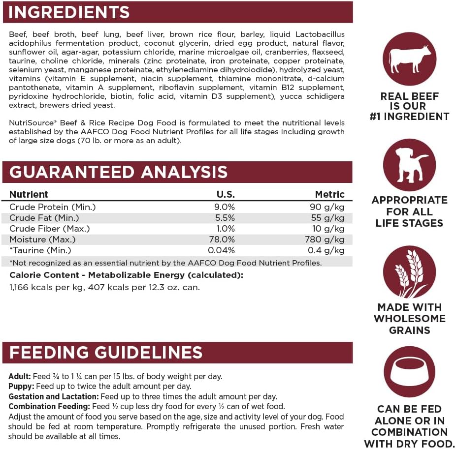NutriSource Beef & Rice Recipe Dog Food, Premium Wet Dog Food, 12.3 Ounce (Pack of 12)