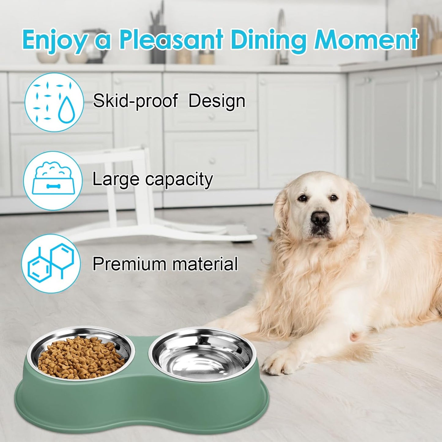 Dog Bowls Large Double Dog Water and Food Bowls Stainless Steel Bowls with Non-Slip Resin Station, Pet Feeder Bowls Food Dish for Small Medium Large Dogs Cats
