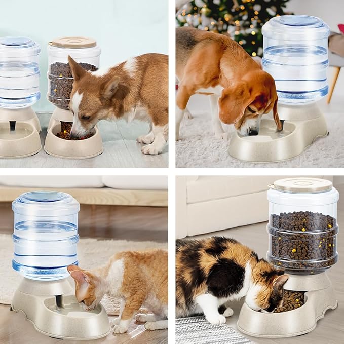 2 Pack Automatic Cat Feeder and Water Dispenser in Set Pet Food Bowl for Small Medium Dog Pets Puppy Kitten Big Capacity 1 Gallon x 2 (Cream)