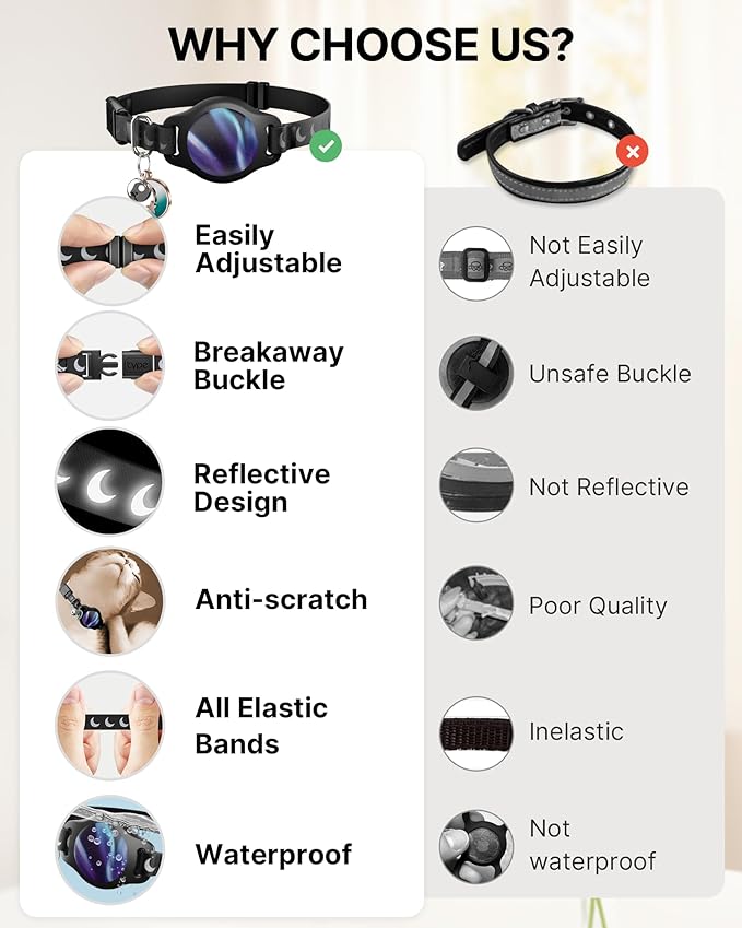 Cat Collar with Airtag Holder, Breakaway Airtag Cat Collar for Apple Air Tag with Luminous & Reflective Pattern, Waterproof GPS Cat Tracker Collars for Boy Girl Cats Kittens with Bell, Black (8-12")