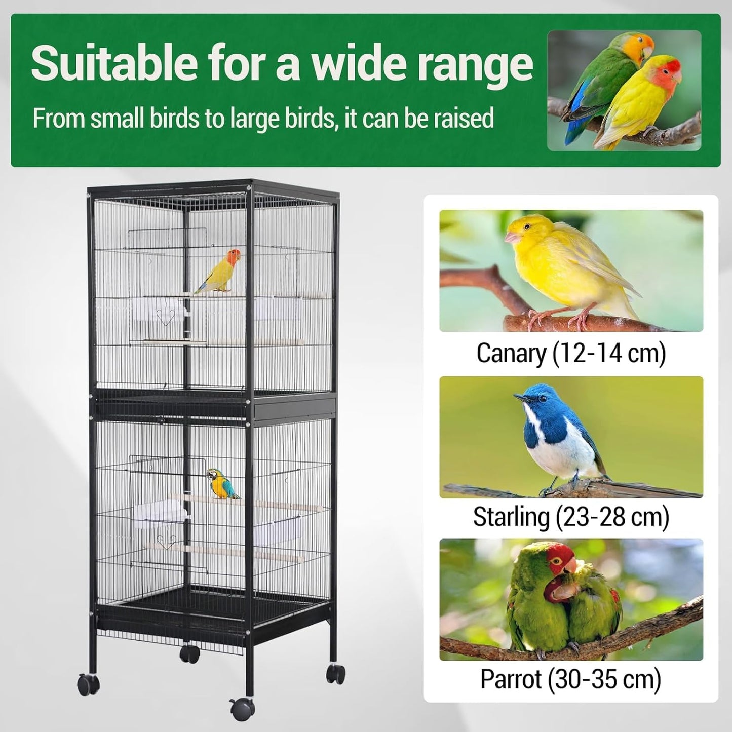 GarveeHome Small Bird Cage with Wheels, 55 Inch Parakeet Cage with Top Stand, 2 in 1 Bird Carrier for Parakeets, Canaries, Lovebirds, Small Quaker, Cockatiels, Budgie, Green Cheek (55in)
