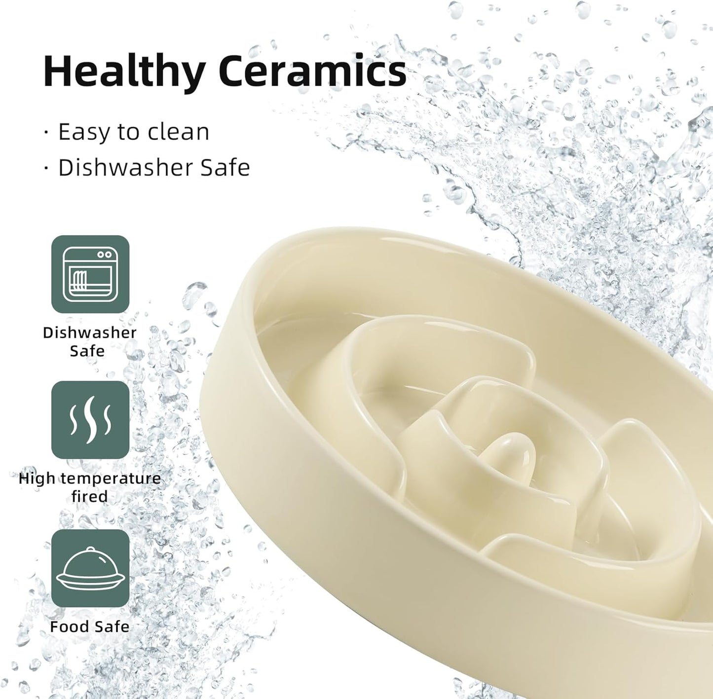 Ceramic 3.2 Cup Raised Slow Feeder Dog Bowl Set, Elevated Bowl with Wooden Stand for Large Dog, 9.5inch Puzzle Slow Pet Food Dish, Anti-Gulping(Beige, Single Bowl+ Stand)