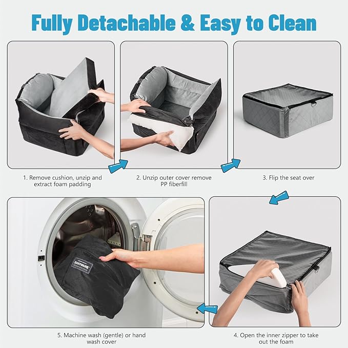 EASTBLUE Dog Car Seat for Small Medium Dogs Up to 35 lbs, 2 Memory Foam Pads Dog Booster Car Seat with Seatbelt, Washable Pet Carseat for Puppy & Cat, Dogs Travel Bed for Cars (Black/Grey)