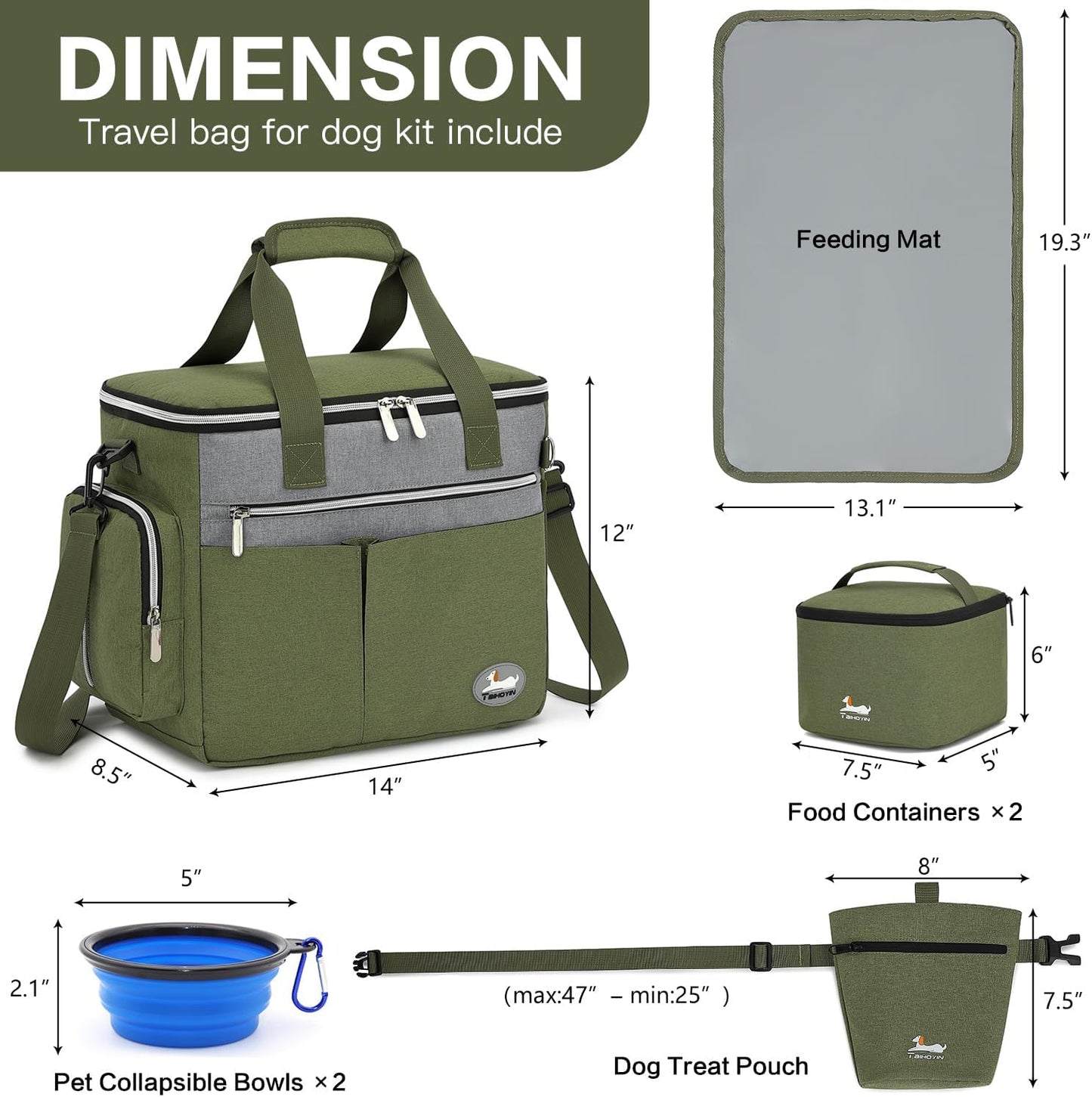 Dog Travel Bag for Pet Kit for Supplies with 2 Food Storage Containers 2 Collapsible Bowl 1 Feeding Mat 1 Dog Treat Pouch 7-Piece Set Perfect Road Trips Camping Weekend Doggy Gift Olive Green