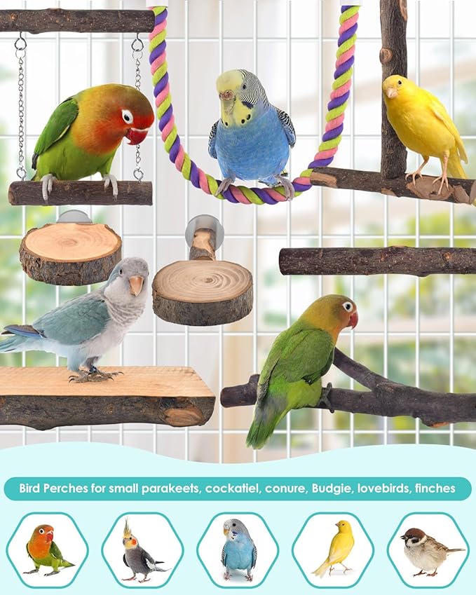 Bird Perches, 8pcs Natural Wood Parrot Perch Stand Chewing Toys Cage Accessories Hanging Multi-Branch Perch Platform Swing Toy Rope Perches for Small and Medium Parakeet, Conures, Budgies