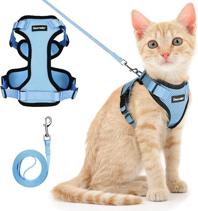 Dooradar Cat Harness and Leash Set, Escape Proof Safe Adjustable Kitten Vest Harnesses for Walking, Easy Control Soft Breathable Mesh Jacket with Reflective Strips for Cats, Light Blue, XXS