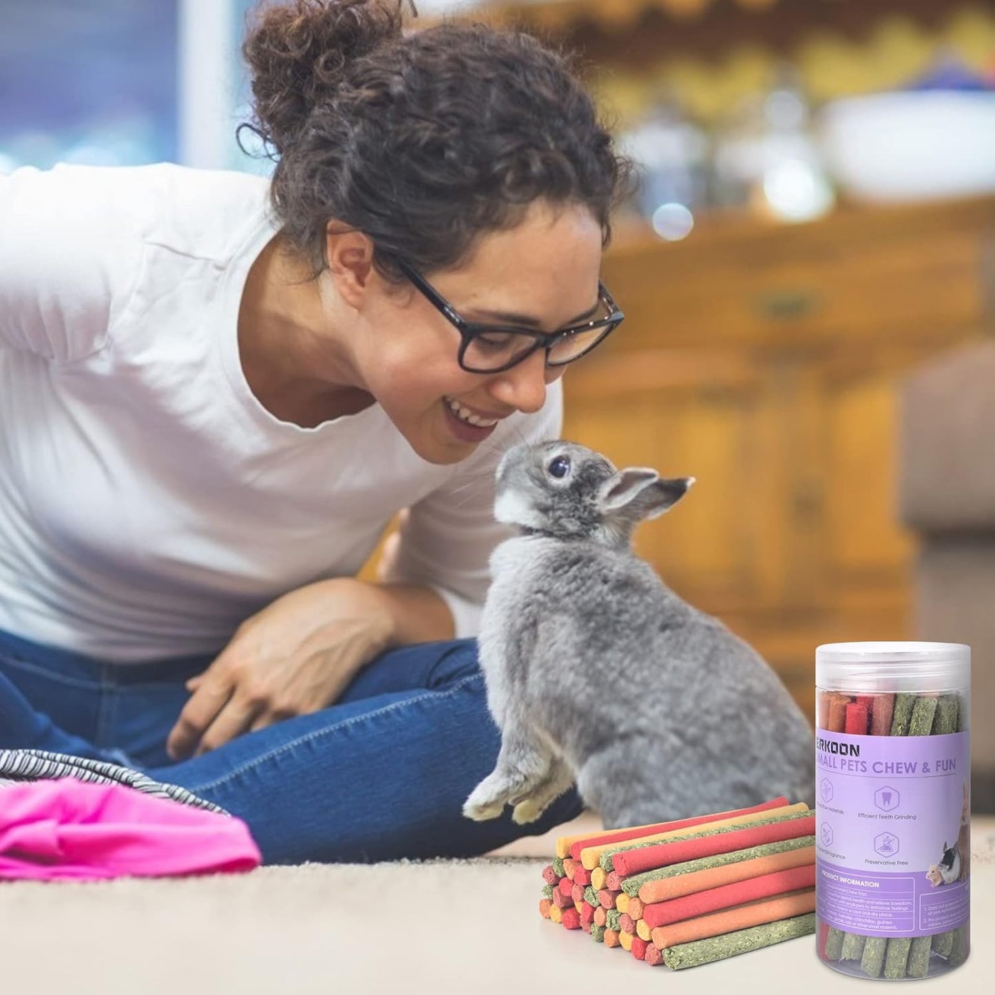 ERKOON 40Pcs Rabbit Timothy Hay Sticks, Five Flavors:PurplePotato/TimothyHay/Pumpkin/Strawberry/Carrot,Suitable Guinea Pig, Hamste, Gerbil, Chinchilla Treats, Chew Toys for Teeth for Bunnies 