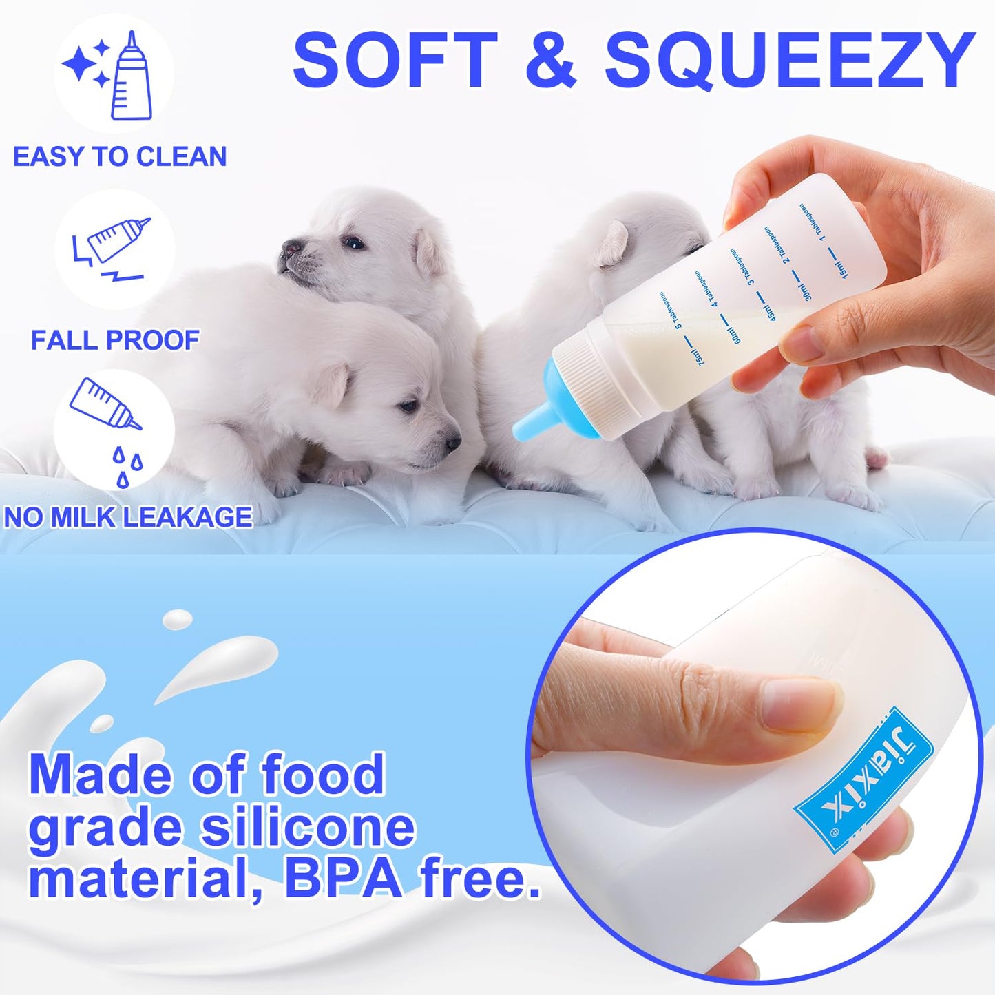 3 Pack Kitten Silicone Bottle Feeding Kit,Nipple & Feeding Kit for Kittens, Reusable Newborn Kitten Supplies, Suitable for Feeding Kitten, Puppy, Rabbit,Hamster (Blue, Small+Medium+Large)