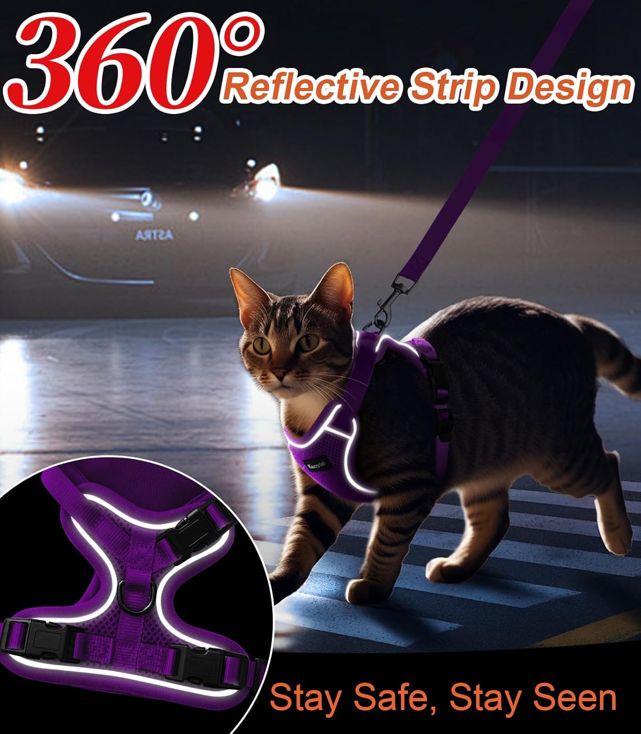 Cat Harness and Leash for Walking Escape Proof Soft Adjustable Cat Leash Breathable Comfortable Vest Easy to Wear Kitten Harness for Outdoor Travel Purple XS