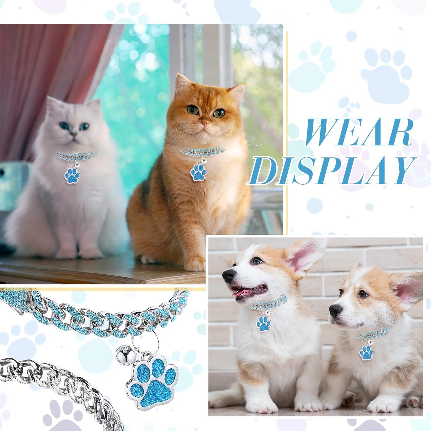 Hillban Cat Collar Diamond Chain Glitter Collar Walking Metal with Secure Buckle Cat Pet Necklace with Paw Charm and ID Tag Bell Link Cuban Jewelry Accessories(8 Inch,Silver,Lake Blue)