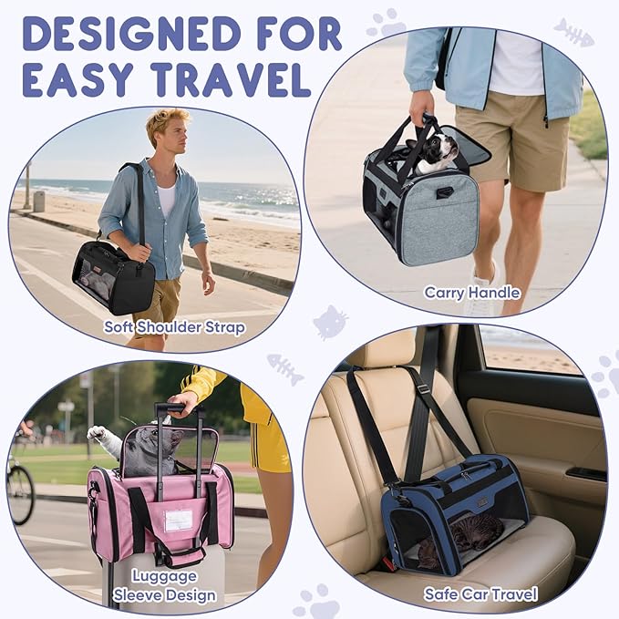 BALEINE Cat Carrier, Puppy Dog Carrier for Small Medium Pets Up to 15 Lbs, Soft-Sided Dog Travel Bag with Safety Zippers, Collapsible Pet Carrying Case (Black, L, 17"x11"x11")