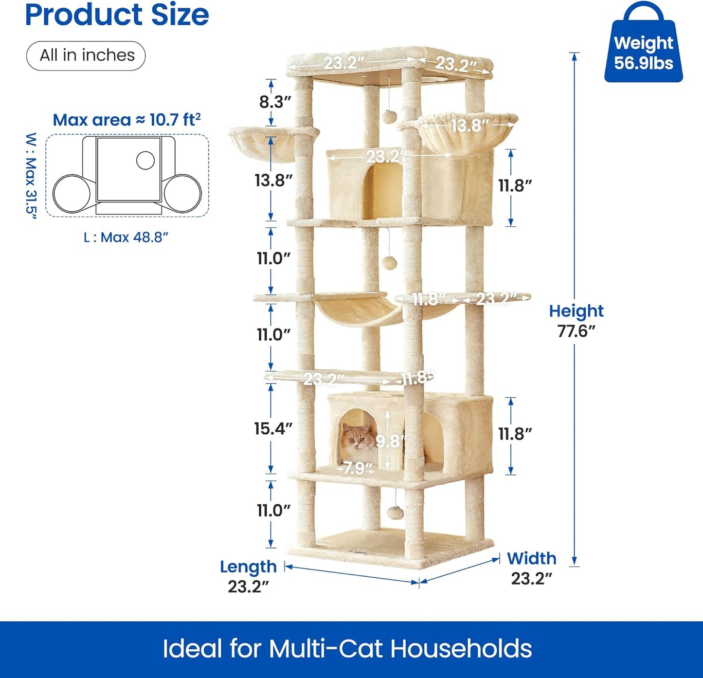 MWPO Extra Large Cat Tree, 77.6-Inch Tall Cat Tower for Indoor Cats with 2 Condos, Multi-Level Cat Stand for Large Cats, 3 Hammocks, Wide Perch, Scratching Posts, Dangling Toys, Beige