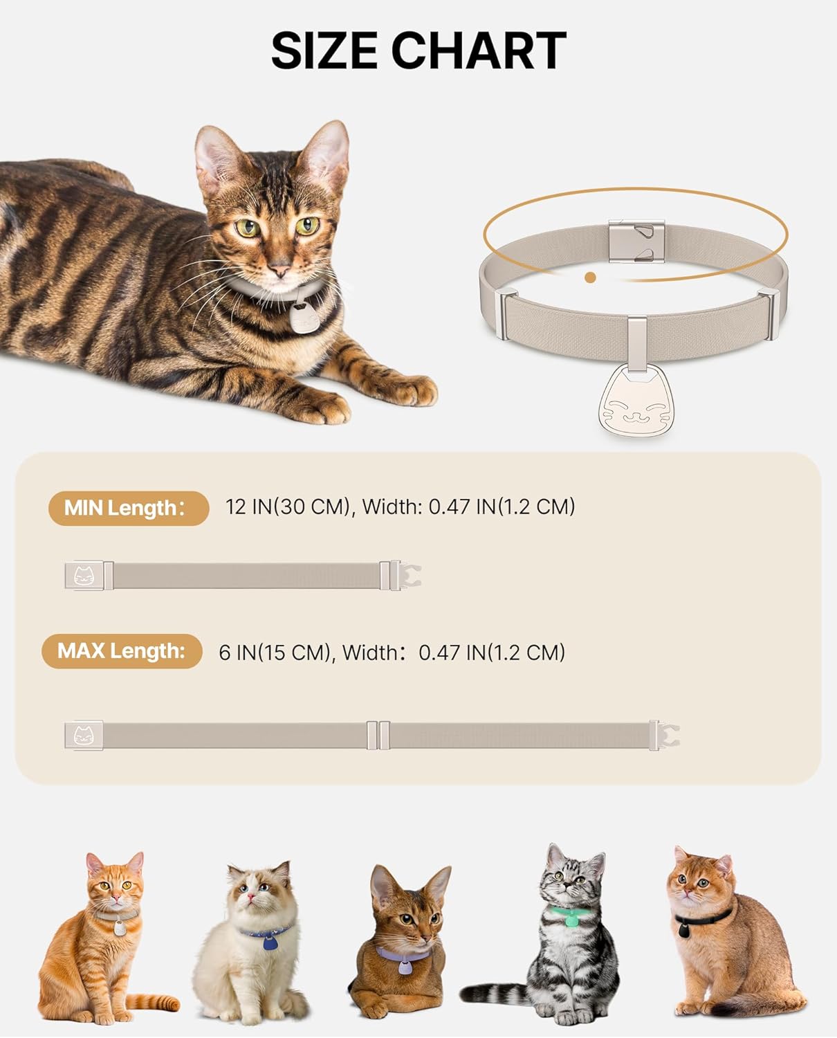 Cat Collar with QR Code Name Tag, Breakaway Kitten Collar for Boy & Girl Cats, Ultra Soft Elastic Adjustable Band, Safety Break Away Buckle, Comfortable & Secure Pet ID Collar (6"-12"), Khaki