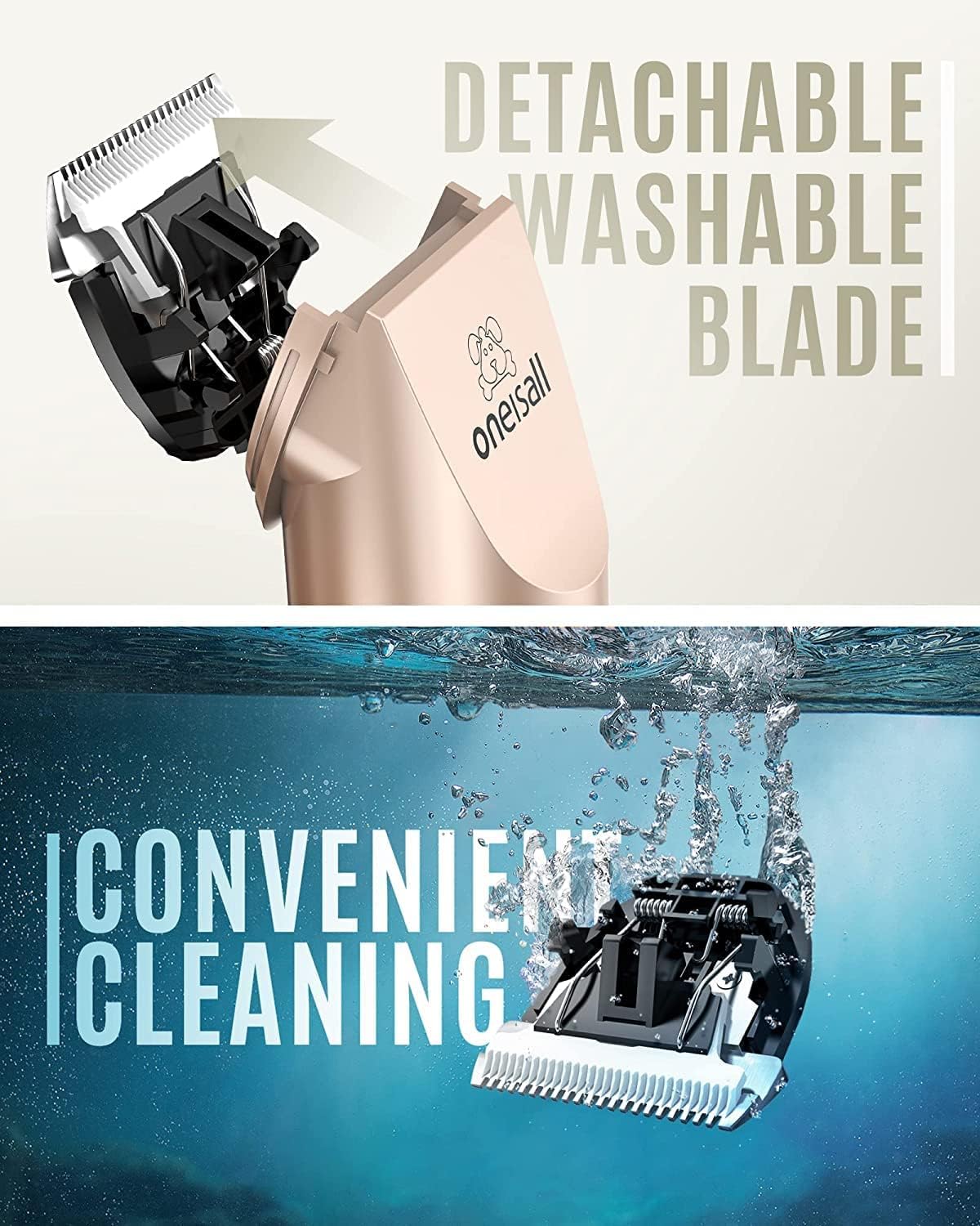 oneisall Dog Clipper Low Noise, Dog Grooming Kit with Rechargeable, Pet Shaver Cordless Electric Quiet Hair Clipper Set for Dogs Cats Pets(Gold)