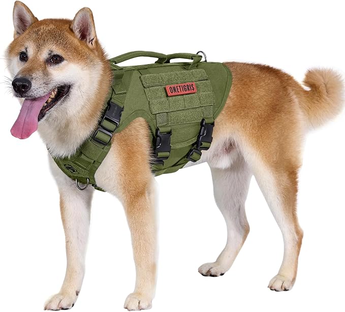 OneTigris Large Tactical Dog Harness, No Pulling Adjustable Dog Vest Harness, Heavy Duty Dog Harness with Handle, Large Hook and Loop Panels for Patch(Range Green,S)