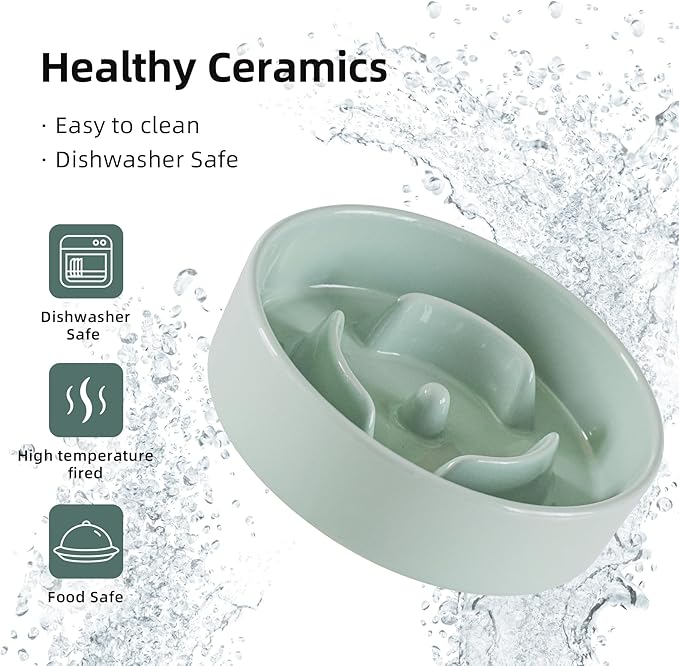 6.1inch Ceramic Raised Slow Feeder Dog Bowl Set, Elevated Wooden Stand for Small Dog and Cat, Puzzle Slow Dish, Preventing Choking(Light Green, Single Bowl+ Stand)