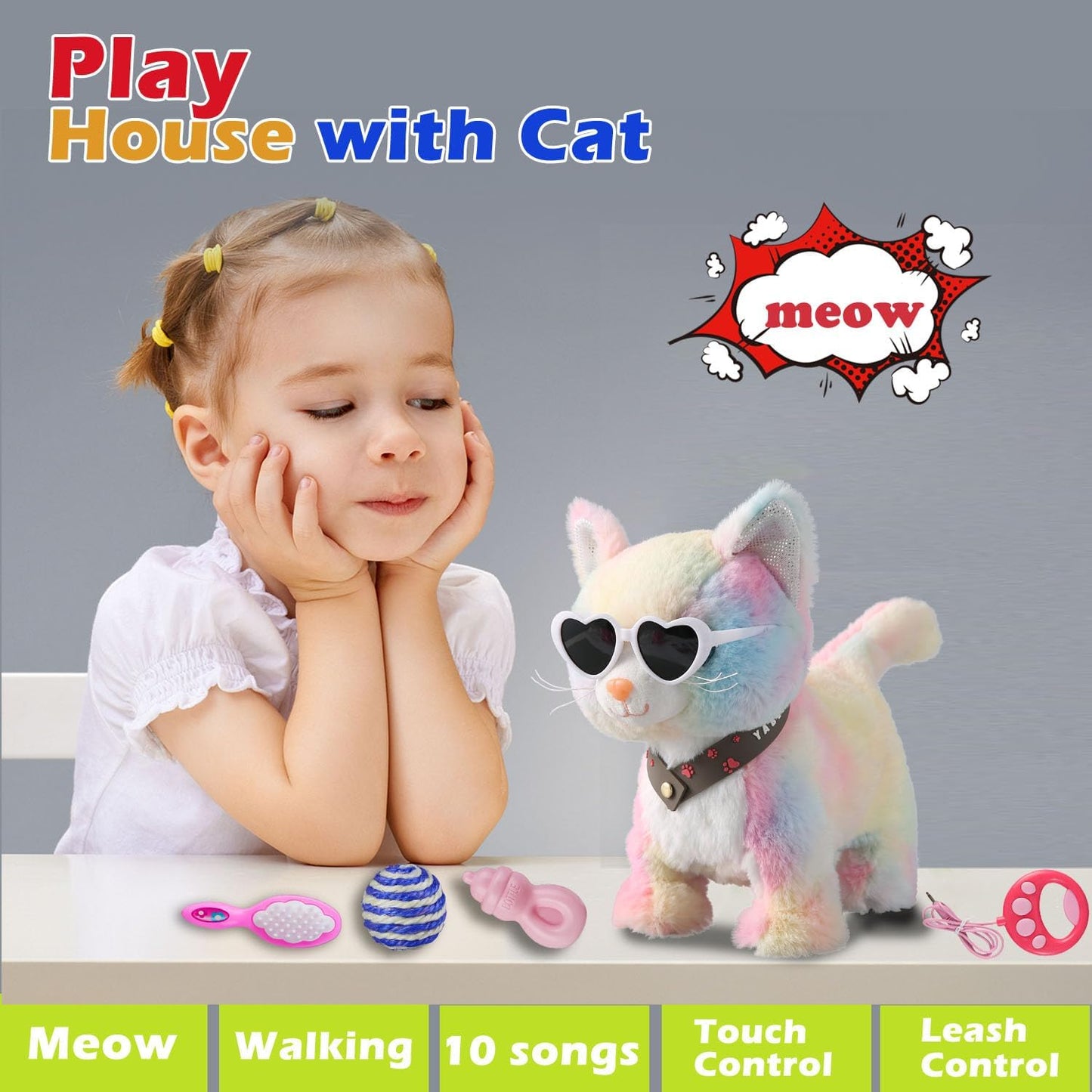 Colorful Leash Walking Cat Set Singing That Purrs and Meows Animated Plush Robot Kitten Moving Plush Realistic Stuffed Animal Remote Control Cute Kawai Robotic Kitty Toy for Girl