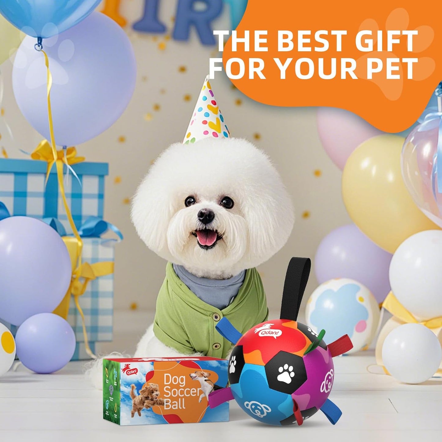 QDAN Dog Soccer Ball, Dog Balls with Straps, Outside Dog Toys for Small Medium Pets, Birthday Gift Toy, Soccer Ball for Dogs with Tags, Herding Balls Toys (6 Inch)