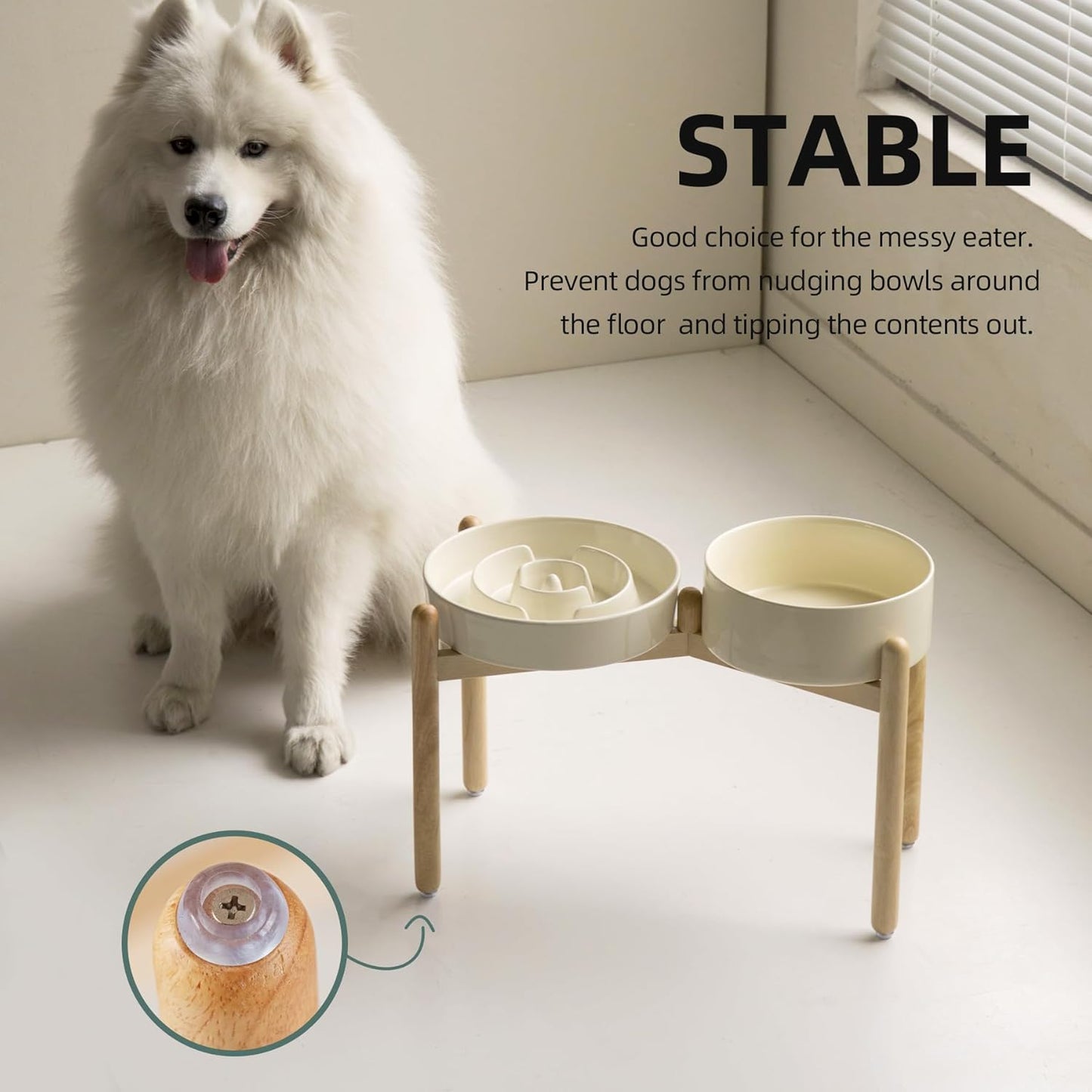 Ceramic Raised Slow Feeder Dog Bowl Set, Elevated 8.2inch Bowl and 9.5inch Puzzle Slow Food Dish with Wooden Stand for Large Dog, Anti-Gulping (2X Beige+ Stand)