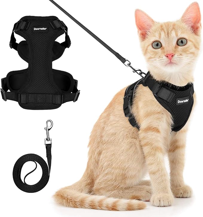 Dooradar Cat Harness and Leash Set, Escape Proof Safe Adjustable Kitten Vest Harnesses for Walking, Easy Control Soft Breathable Mesh Jacket with Reflective Strips for Cats, Black, XXS