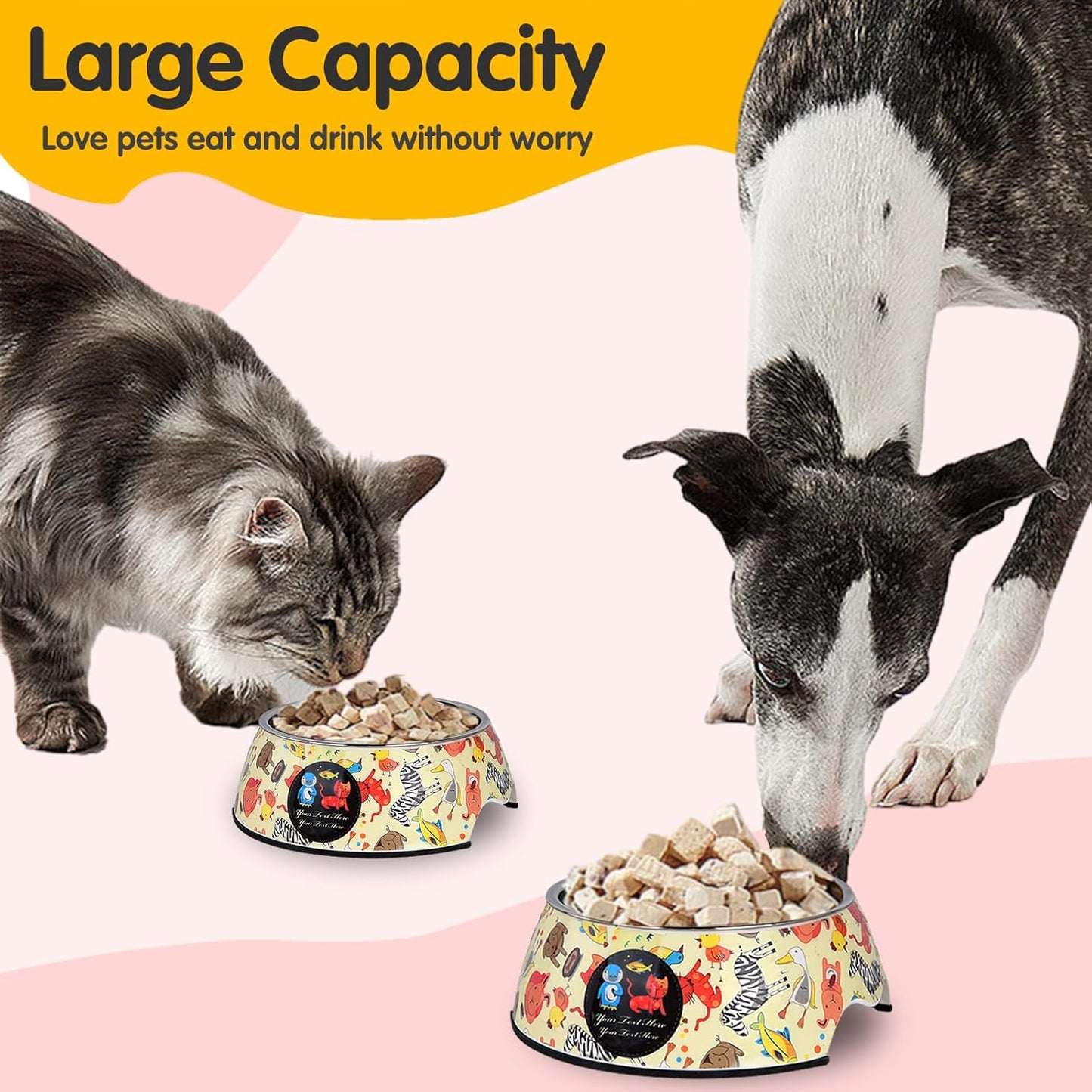 Pet Cats Dogs 2 in 1 Food Water Bowls - Non Slip Skid Proof Heavy Duty Pet Cats Dog Food Water Bowls for Feeding Drinking Small Medium Large Dogs Cats Puppies -Cartoon Animal World-M