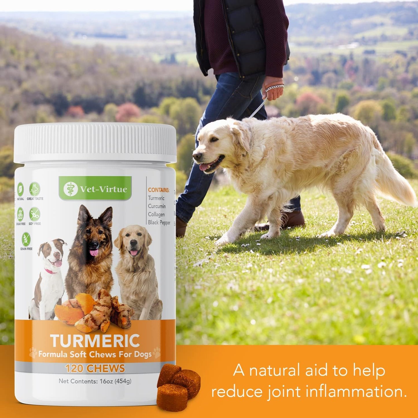 Turmeric for Dogs Anti Inflammatory Pain Relief | Organic Curcumin Dog Supplement with Collagen & Bioprene, Anti Inflammatory for Dogs, Supports HIPS, Joints & Mobility | 120 Count
