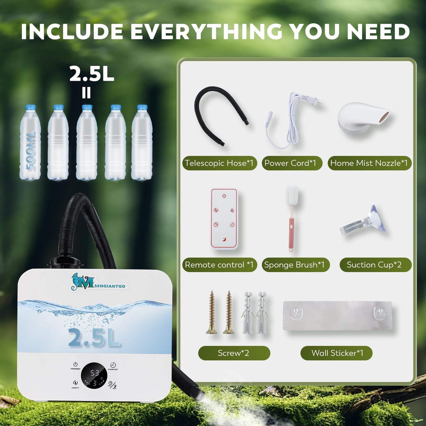 Moongiantgo Reptile Humidifier with Humidity Control, 3 Gears Adjustable Fog, Timing Function, Reptile Terrarium Fogger with 2.5L Tank and Extended Hose for Reptiles Lizard Gecko Snake Plants