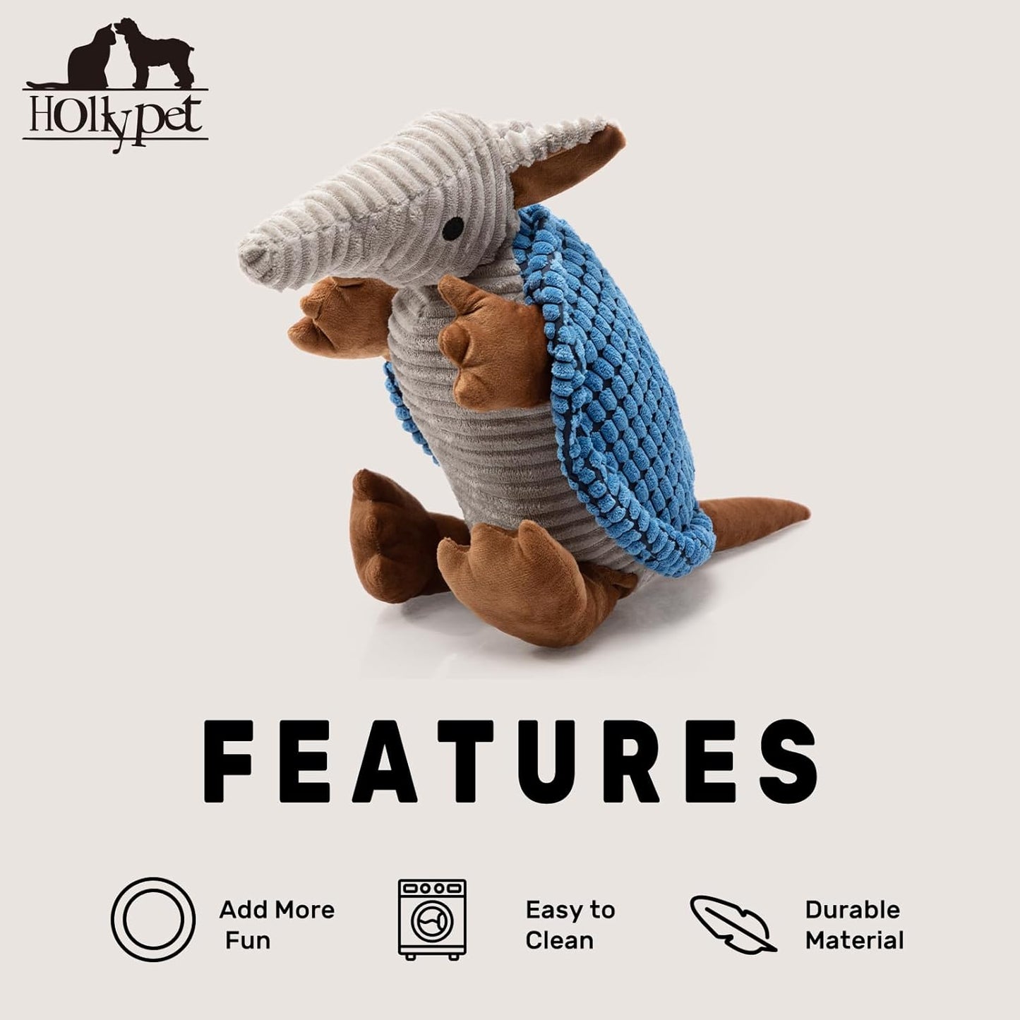 Hollypet Plush Dog Squeaky Toy Stuffed Armadillo Animal Pet Puppy Chew Toys with Clean Teeth for Small Medium Large All Breed Sizes Dogs, Blue, 14 in