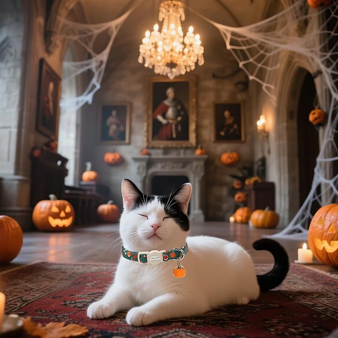 Unique style paws 2 Pack Autumn Halloween Kitten Collar Breakaway with Bell&Pendant, Adjustable Safety Oil Painting Pumpkin Party Cat Cotton Collar for Girl Boy Cat and Small Pet
