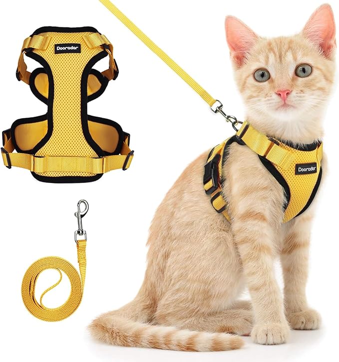 Dooradar Cat Harness and Leash Set, Escape Proof Safe Adjustable Kitten Vest Harnesses for Walking, Easy Control Soft Breathable Mesh Jacket with Reflective Strips for Cats, Yellow, XXS