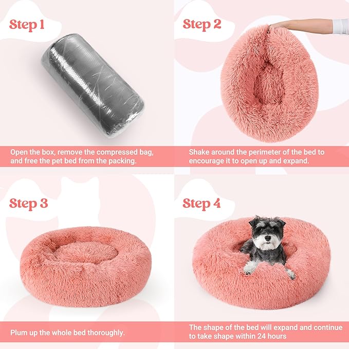 rabbitgoo Calming Dog Bed for Small Medium, 27 inches Pet Bed Machine Washable, Non-Slip Round Fluffy Plush Faux Fur, Soft Donut Cuddler Cushion for Small Dogs, Pink