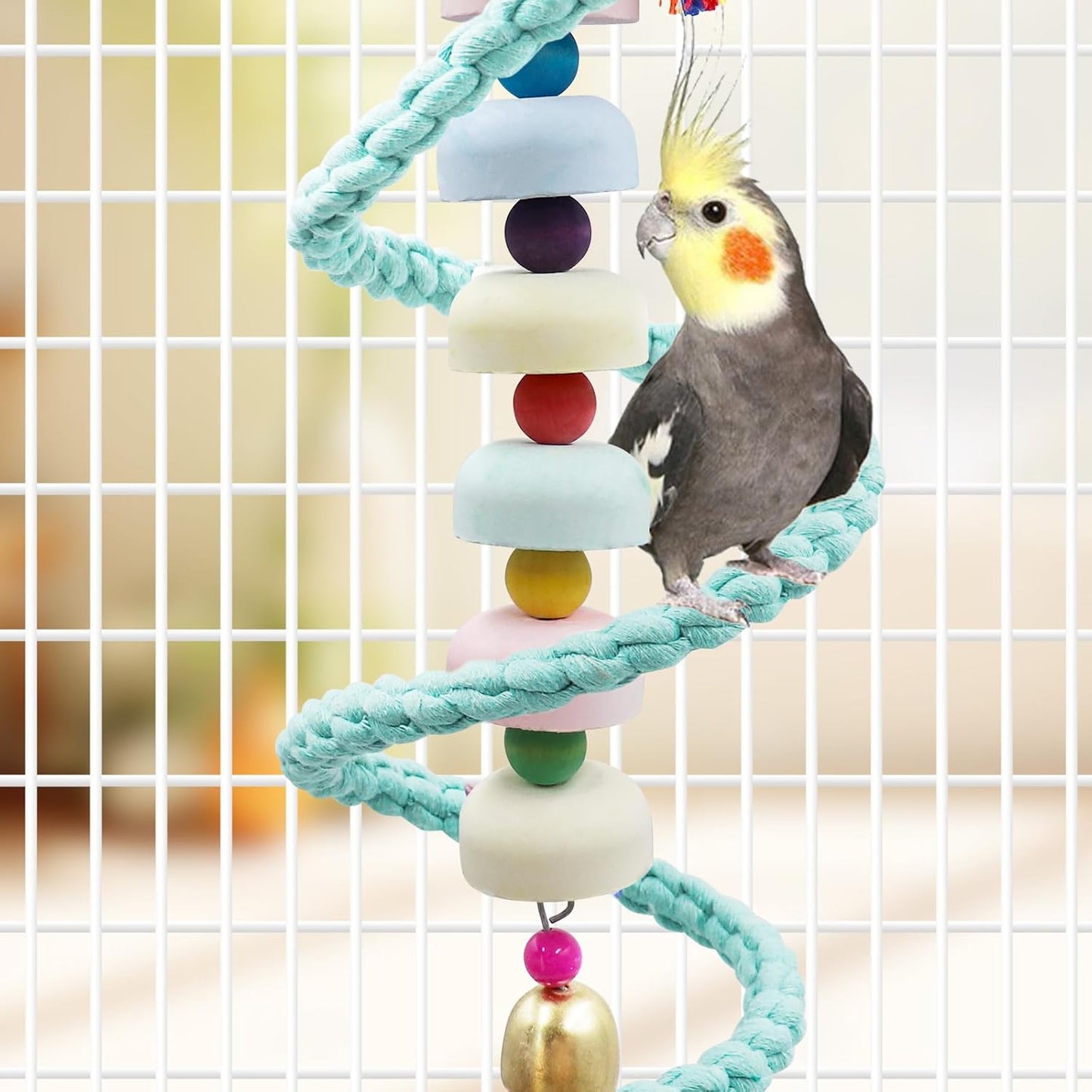 Mineral Chew Toy 2-Pack – Colorful Beaded Bird Toys with Bells | Beak Grinding & Foraging Enrichment for African Grey, Amazon Parrots, Budgies, Cockatiels, Conures