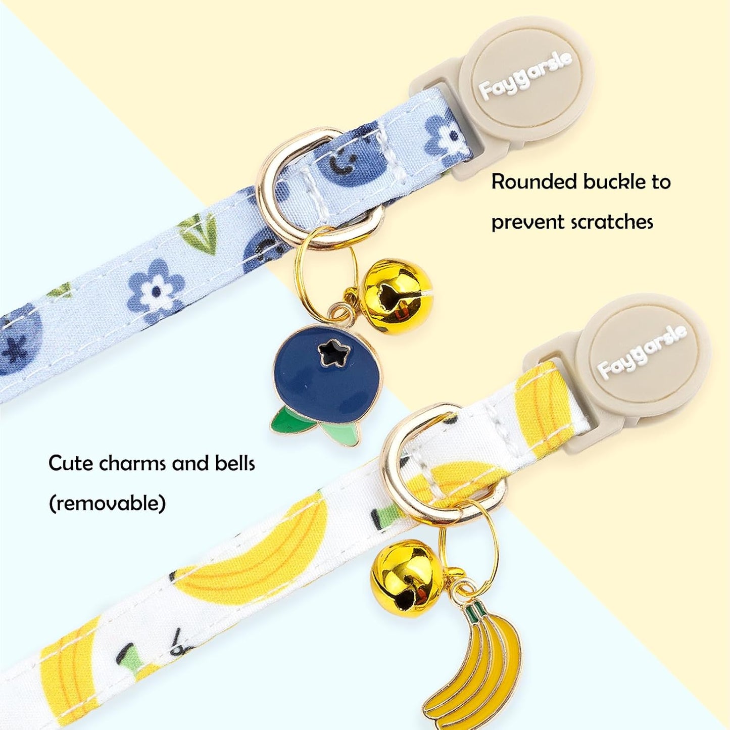 Faygarsle 2 Pack Blueberry Banana Pattern Cat Collars Breakaway Safety Collar with Bell Spring Summer Design for Girl Cats,Yellow Light Blue