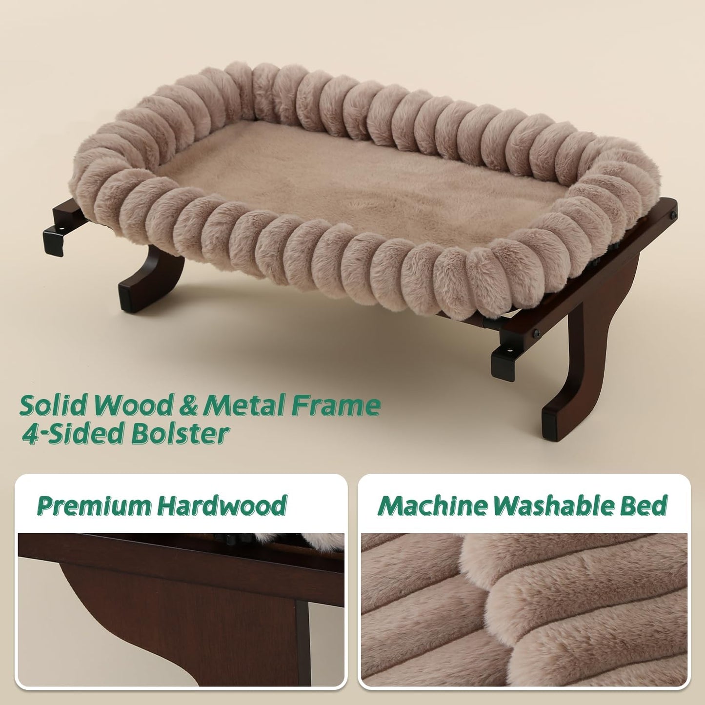 Zakkart SnugCloud Cat Window Perch with 4-Sided Bolster - Orthopedic Cat Hammock for Window Sill - Solid Hardwood & Metal Frame - Window Seat for Pets (Dark Stained Wood w/Brown Bed, Medium)