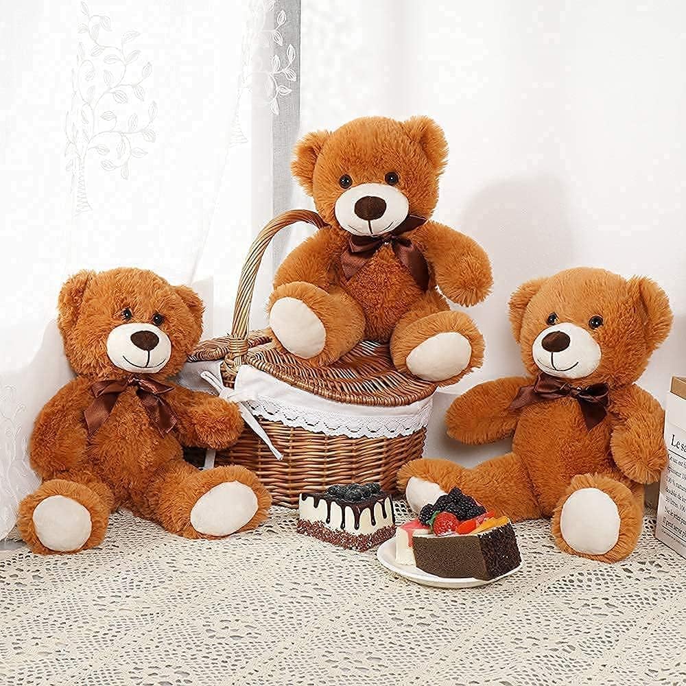 MorisMos 3Pcs Teddy Bears Bulk Baby Shower, 14inch Cute Teddy Bear Stuffed Animals Plush, Small Stuffed Bears on Centerpiece Baby Shower, Dark Brown