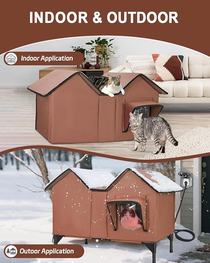 Extra Large Heated Cat House for Outside, Elevated Waterproof Outdoor Cat House Weatherproof for Winter, Insulated Outdoor Cat Shelter with Escape Doors and Heating Pad for Multiple Cats, Brown