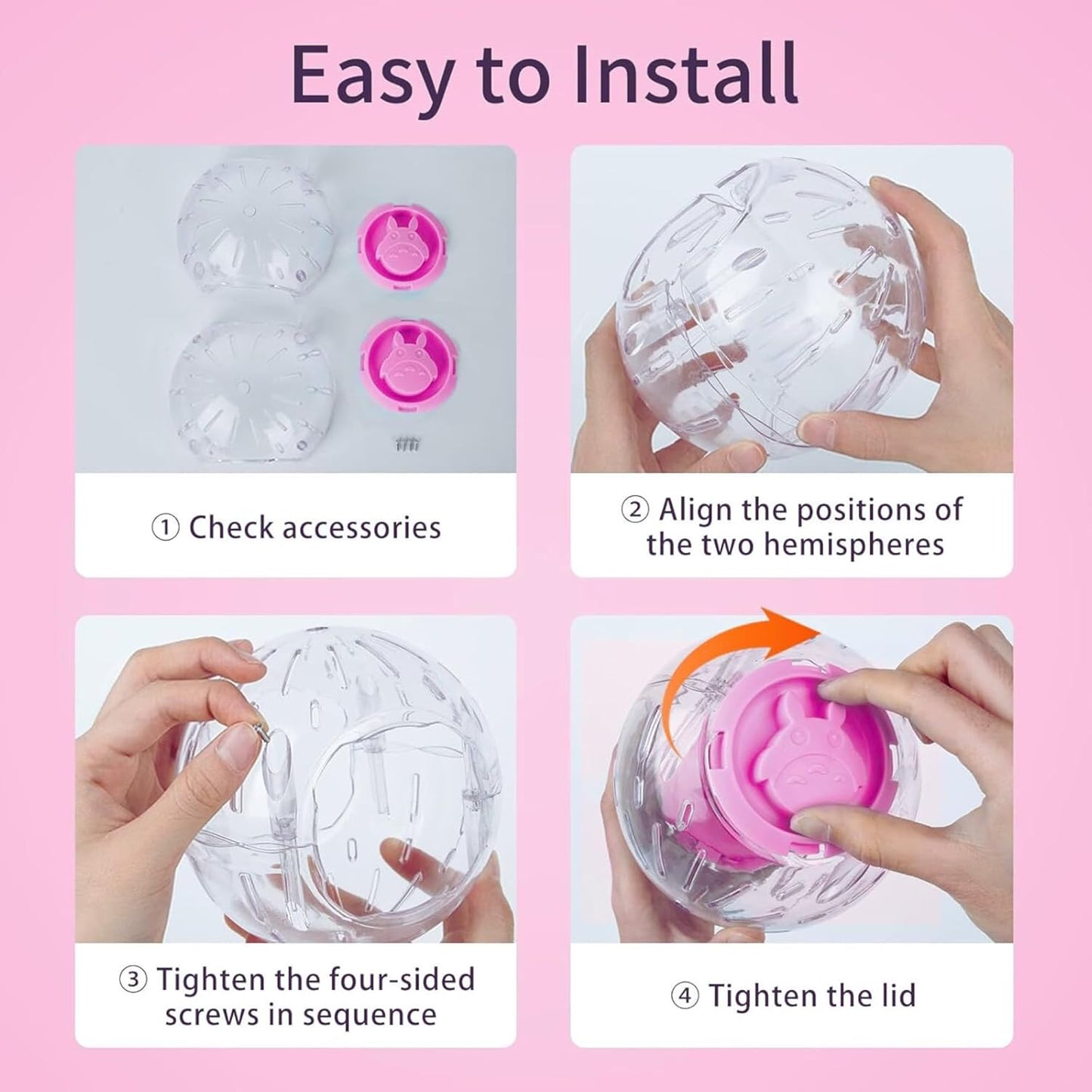 5.9" Hamster Wheel, Exercise Ball & Wheel - Silent Running Toy with Anti-Skid, Transparent Hamster Ball, Breathable Design & Rope for Easy Carry, for Little/Dwarf Mouse, Pink