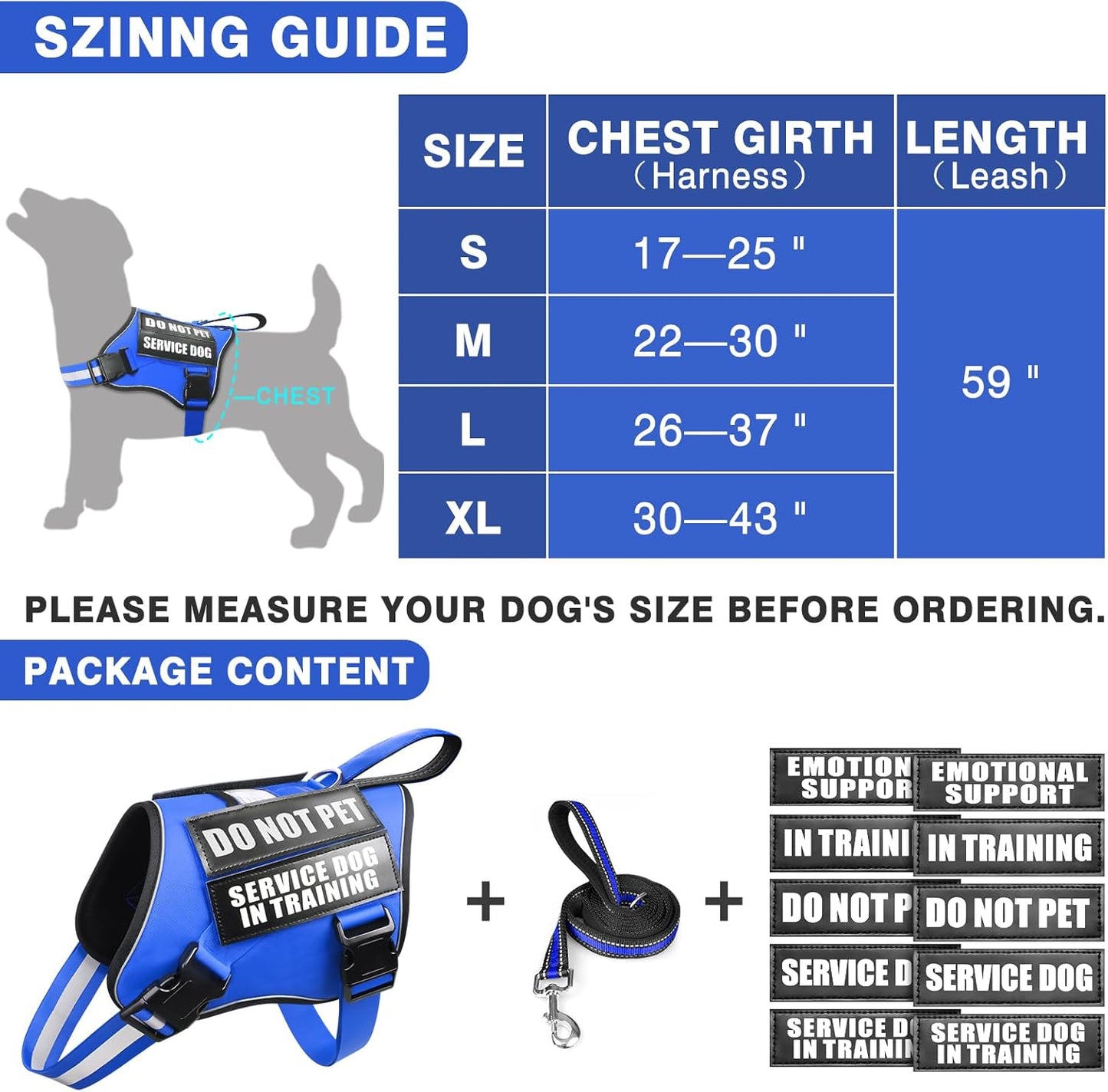 Service Dog Vest Harness and Leash Set+10 Patches,No Pull&Easy Walk Reflective Dog Harness with Soft Padded Handle for Training/Everyday,Fit Small/Medium/Large/Extra-Large Dogs (Blue L)
