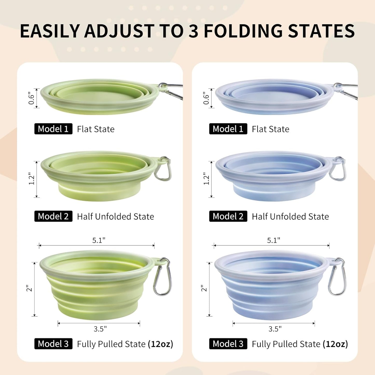 Collapsible Dog Bowls 2-Pack, Portable Travel Dog Bowl with Carabiner, Food-Grade Silicone Pet Bowl for Hiking, Walking (Macaron Blue and Green)