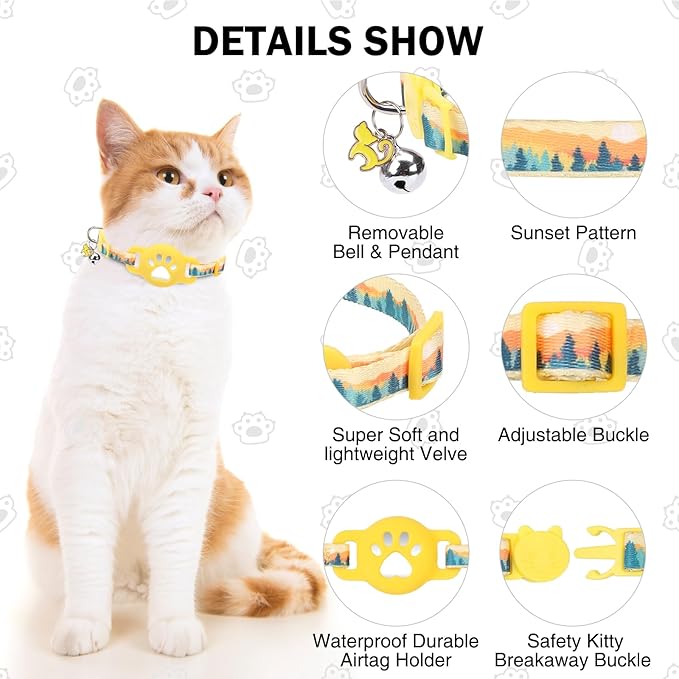 Airtag Cat Collar Breakaway, Cute GPS Cat Tracker Collars with Air Tag Holder, Safety Cat Collars with Bell & Pendant for Girl Boy Cats, Blue