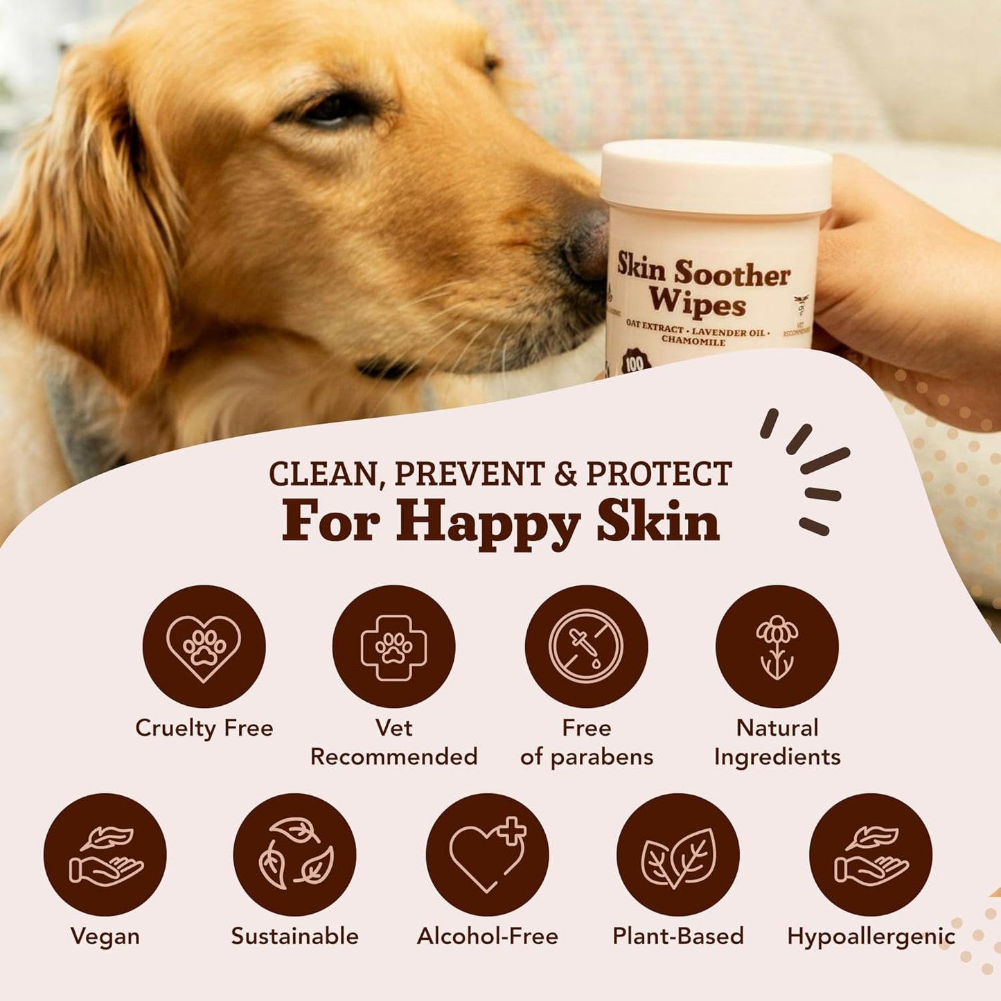 Natural Dog Company Skin Soother Wipes, 100 Count, Pet Wipes for Dogs, Hypoallergenic Formula, Dog Moisturizer for Dry Skin, Grooming Wipes for Dogs, Pet Itch Relief for Dogs
