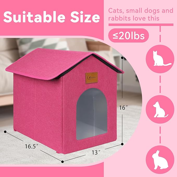 Outdoor Cat House for Shelter Feral Cat, Outside Waterproof Cat House for Outdoor/Indoor Cats, Insulated Cat Bed for All Seasons with Cozy Cushion (Rose Pink, Zip Style)
