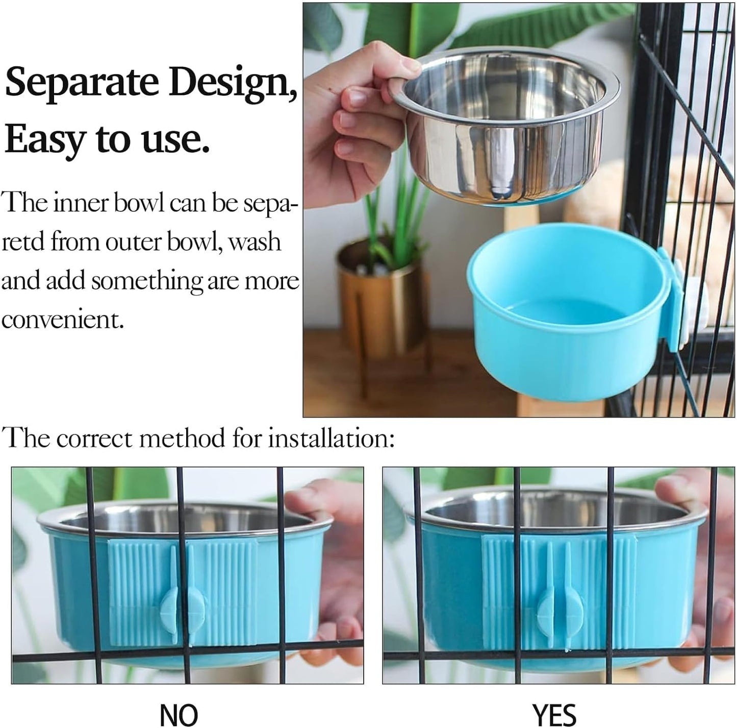 kathson Crate Dog Bowl 2pcs, Removable Stainless Steel Hanging Pet Kennel Cage Bowl Food & Water Feeder Coop Cup for Puppy, Cat, Rabbit, Guinea Pigs (2 PCS, Size: L, Blue and Green)