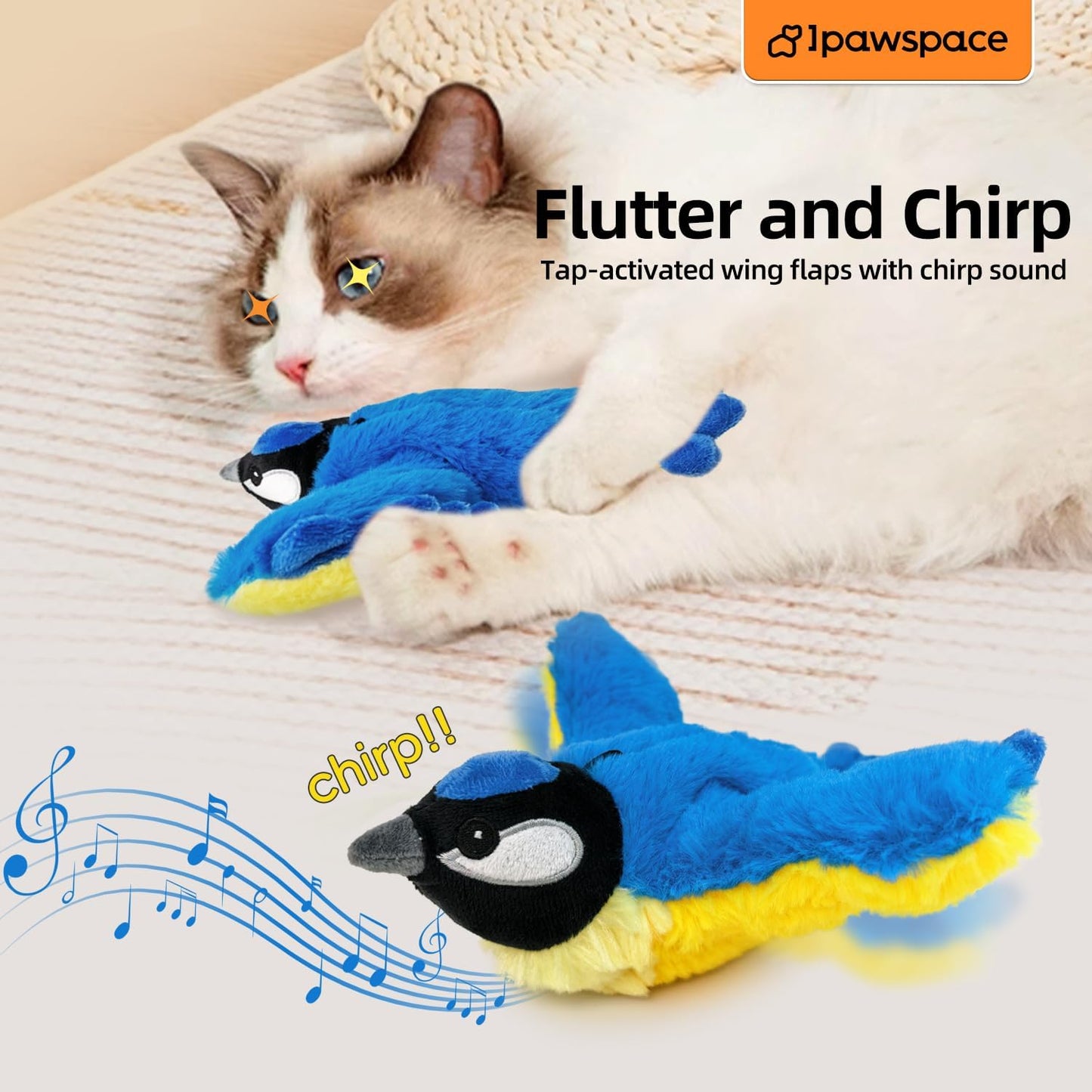 Interactive Flapping Bird Cat Toy with Catnip, Touch Activated Rechargeable, Musical Sound (can Turn Off), Satisfy Cat's Natural Huting Instinct, Soft Plush Washable Cover (Blue)