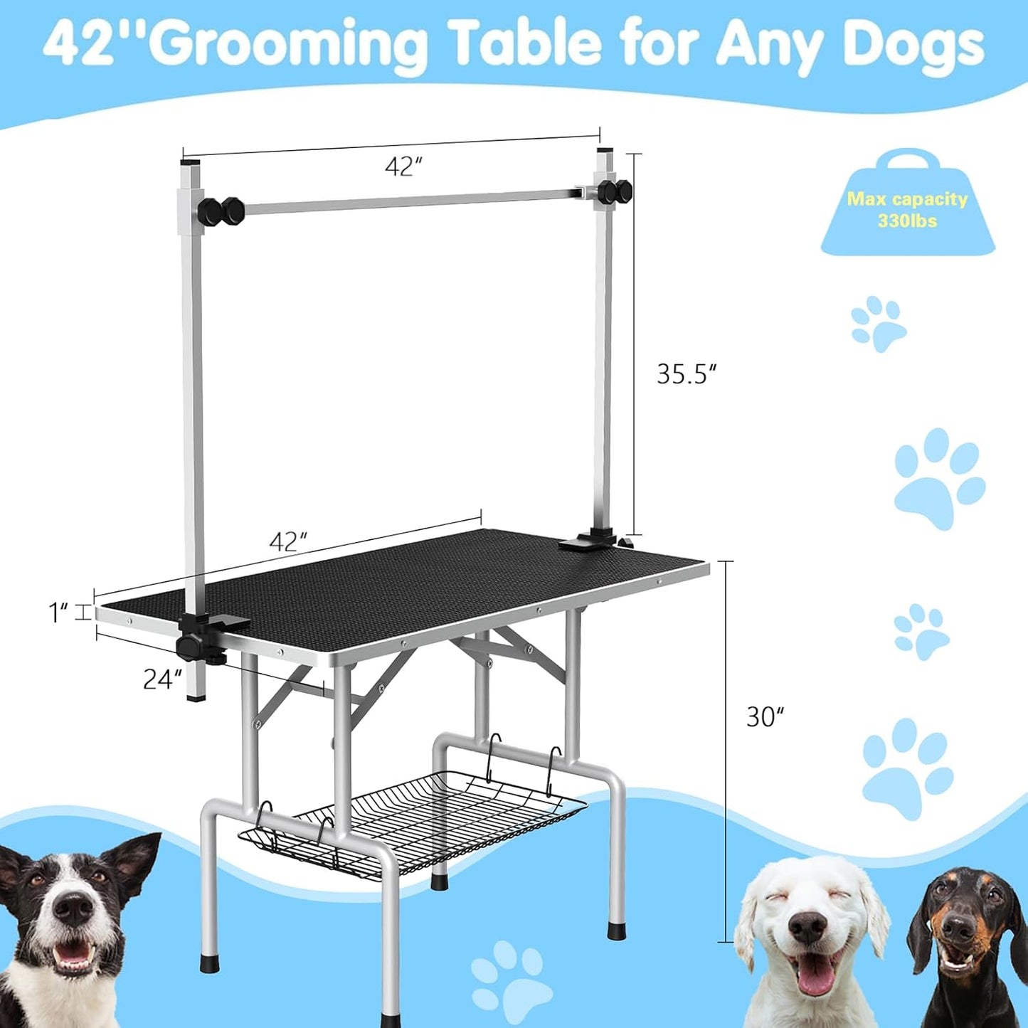 Lyromix 42''Large Dog Grooming Table, Adjustable Cat Drying Desktop with Arms, Nooses, Mesh Tray, Foldable Pet Station at Home, Maximum Capacity Up to 330Lb, 42inch, Black
