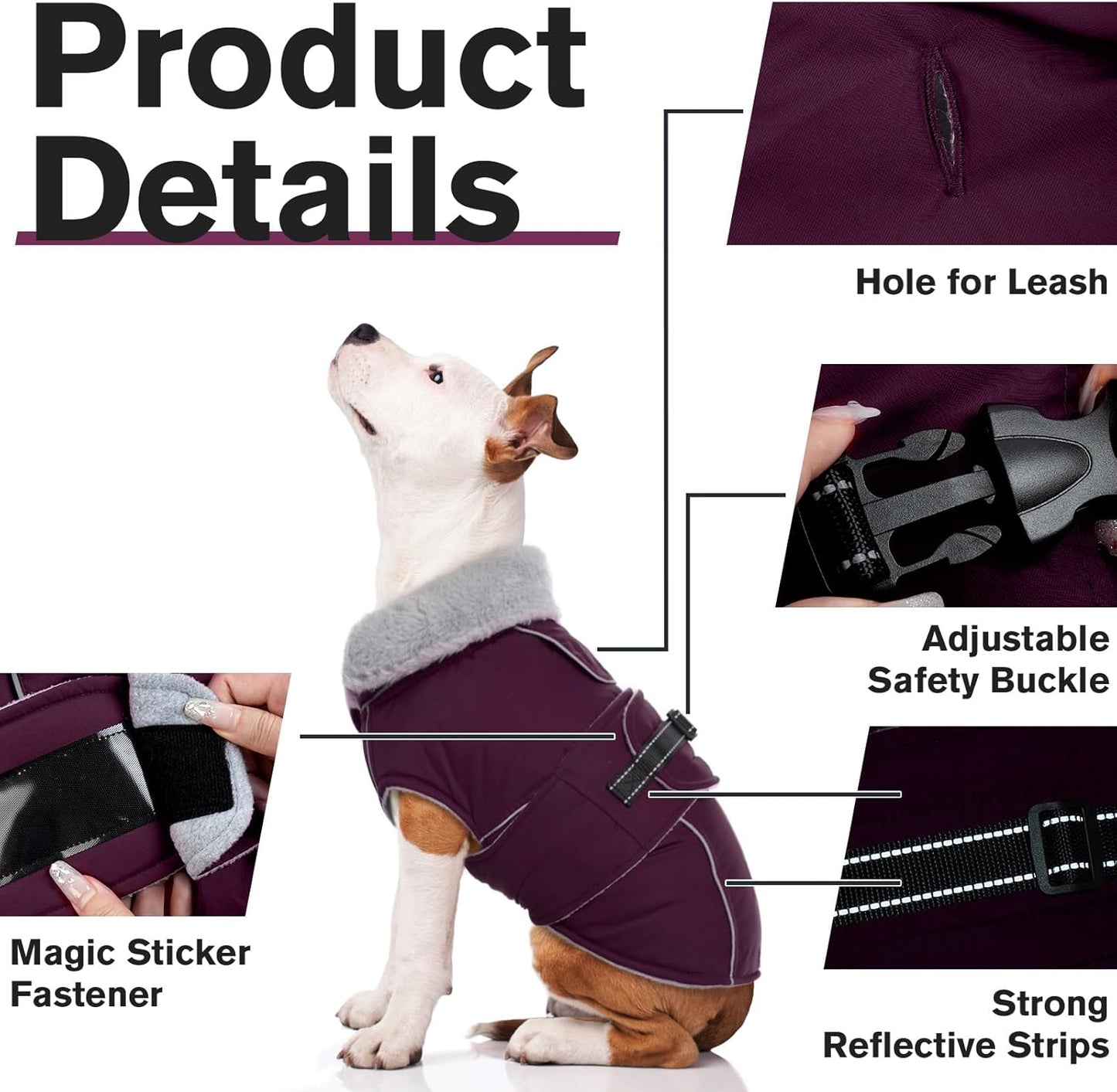 Lelepet Warm Dog Coat Waterproof Dog Jacket for Large Dogs Reflective Fleece Vest with Adjustable Buckle Hook & Loop Windproof Cold Weather Coats for Small Medium Large Dogs, Dark Purple, XL