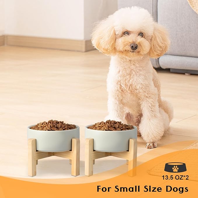 SPUNKYJUNKY Ceramic Elevated Dog Bowls 2 Pack - 5.1inch Raised Dog Bowls with Non-Slip Wooden Stand for Small Dogs Dishwasher Safe(Grey,13.5OZ*2)