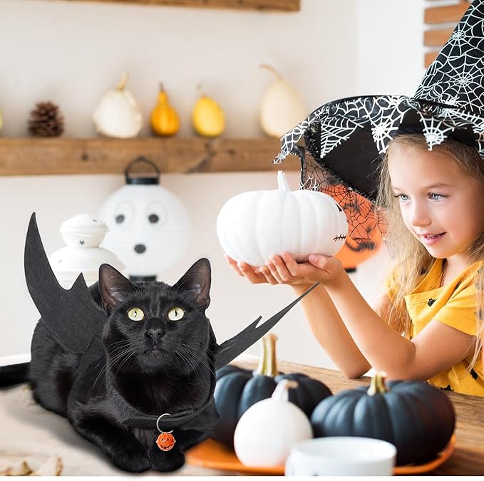 Cat Halloween Costume, Cat Costumes, Small Dog Halloween Costumes - Bat Wing with Pumpkin Bell for Pet Halloween Cosplay Party Dress Up Accessories (Small)
