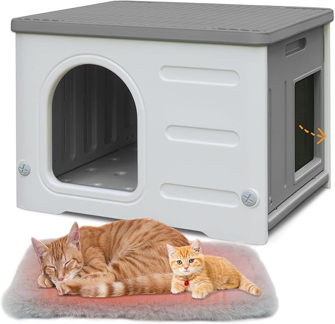 Waterproof Cat House for Outdoor Cats, Plastic Feral Cat House with Escape Door and Soft Mat, Large Indoor Cat House for Mutiple Cats - Grey