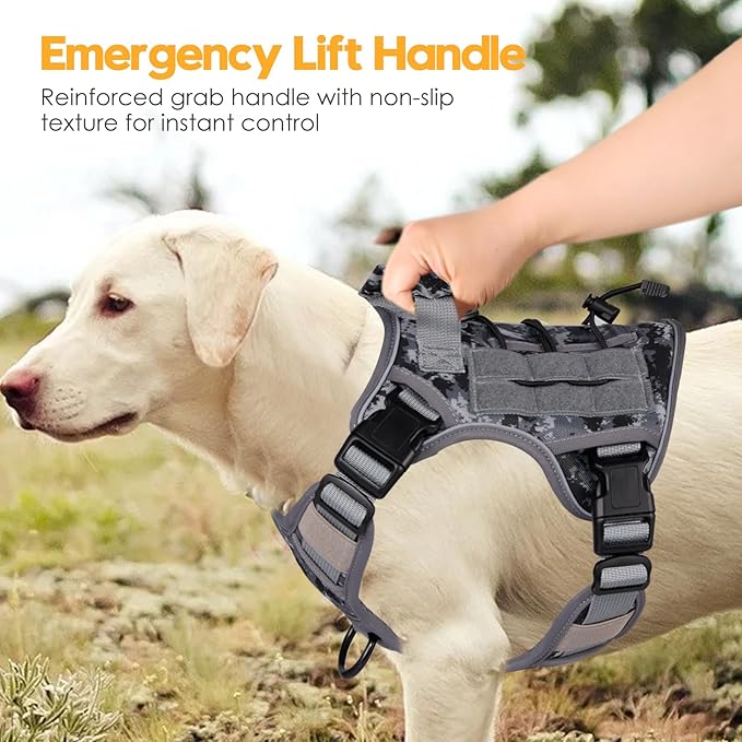 Heavy-Duty Tactical Dog Harness for Large Dogs, No Pull Adjustable Reflective Pet Vest with Molle System, K9 Military-Grade Control for Service Training, Outdoor & 10+ Breeds, Gray Camo, Small